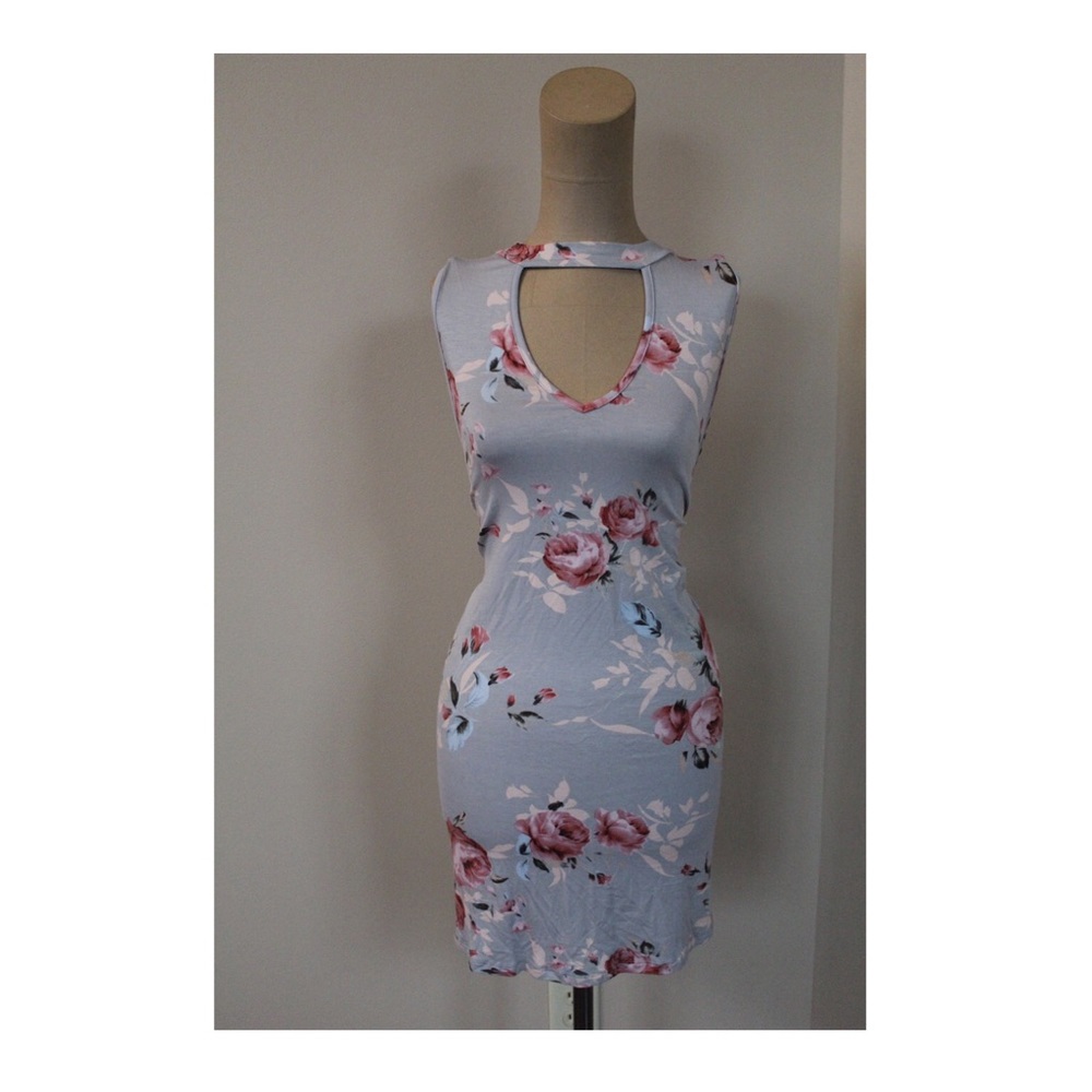 Grey & Pink Floral Flowy Dress With Pockets